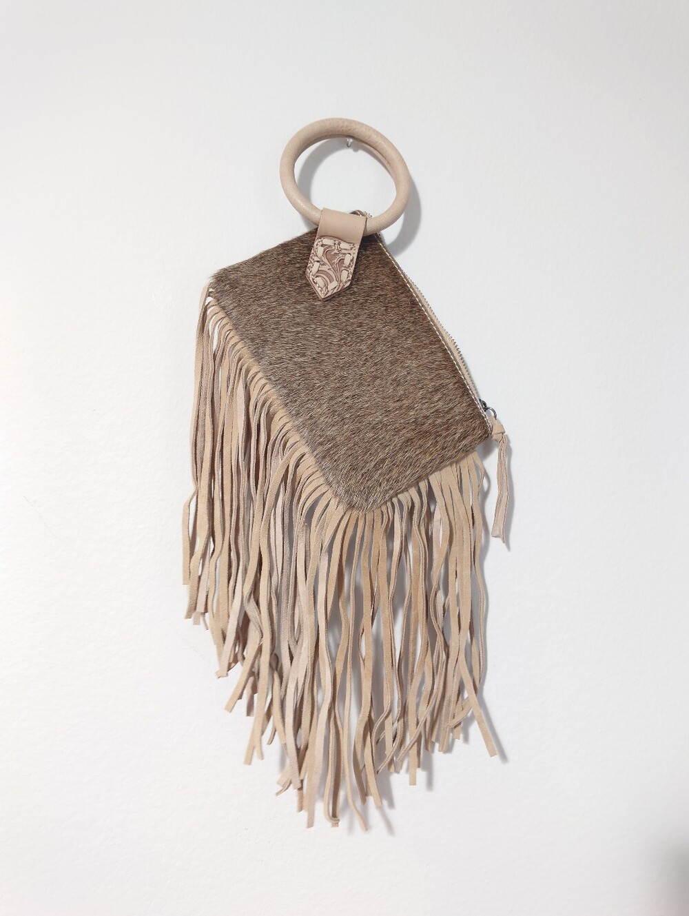 Trinity Ranch Western Hair-On Hide Fringe Ring Handle Clutch Bag